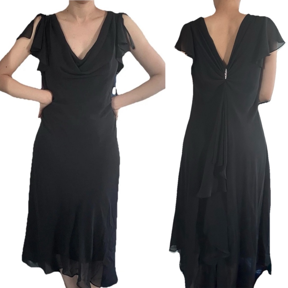 Vintage S.L. fashions Women Black Ruffle Draped Rhinestone Brooch Dress 14